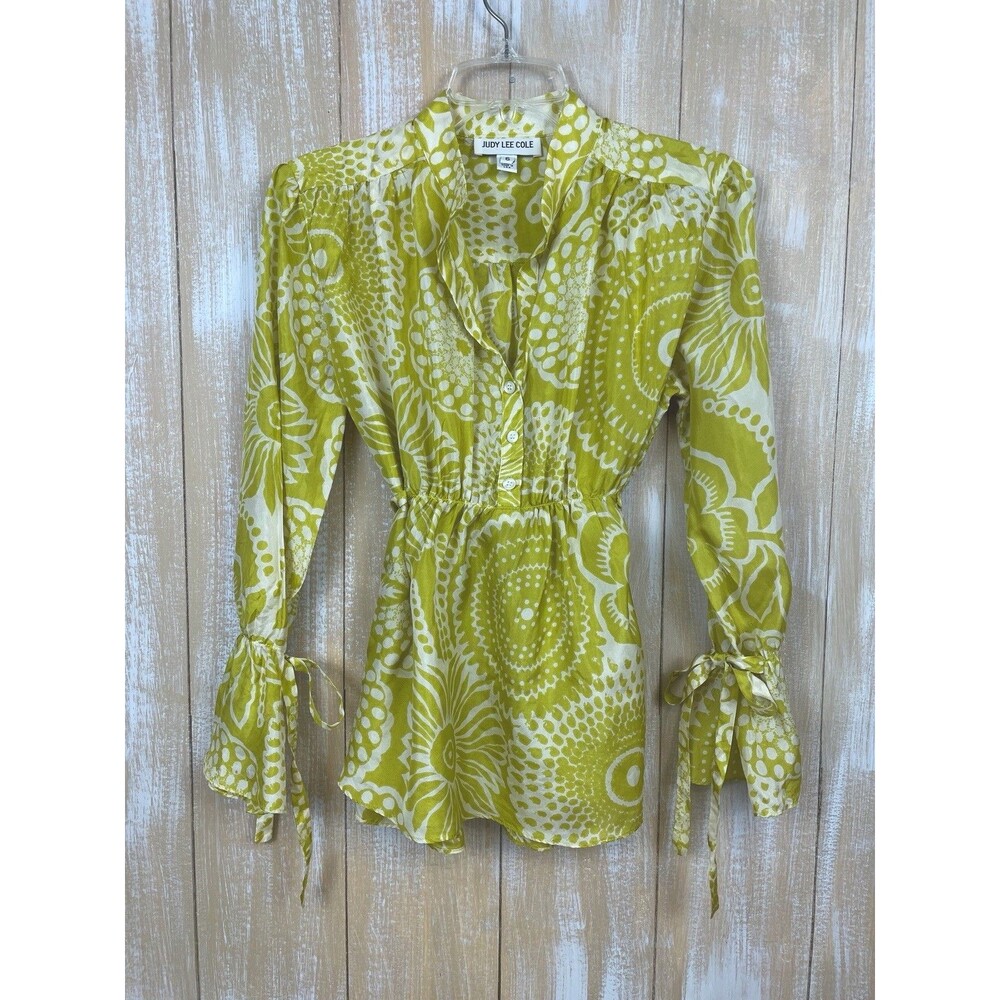 Judy Lee Cole Women's Size 6 Babydoll Blouse Top 100% Silk Chartreuse *READ